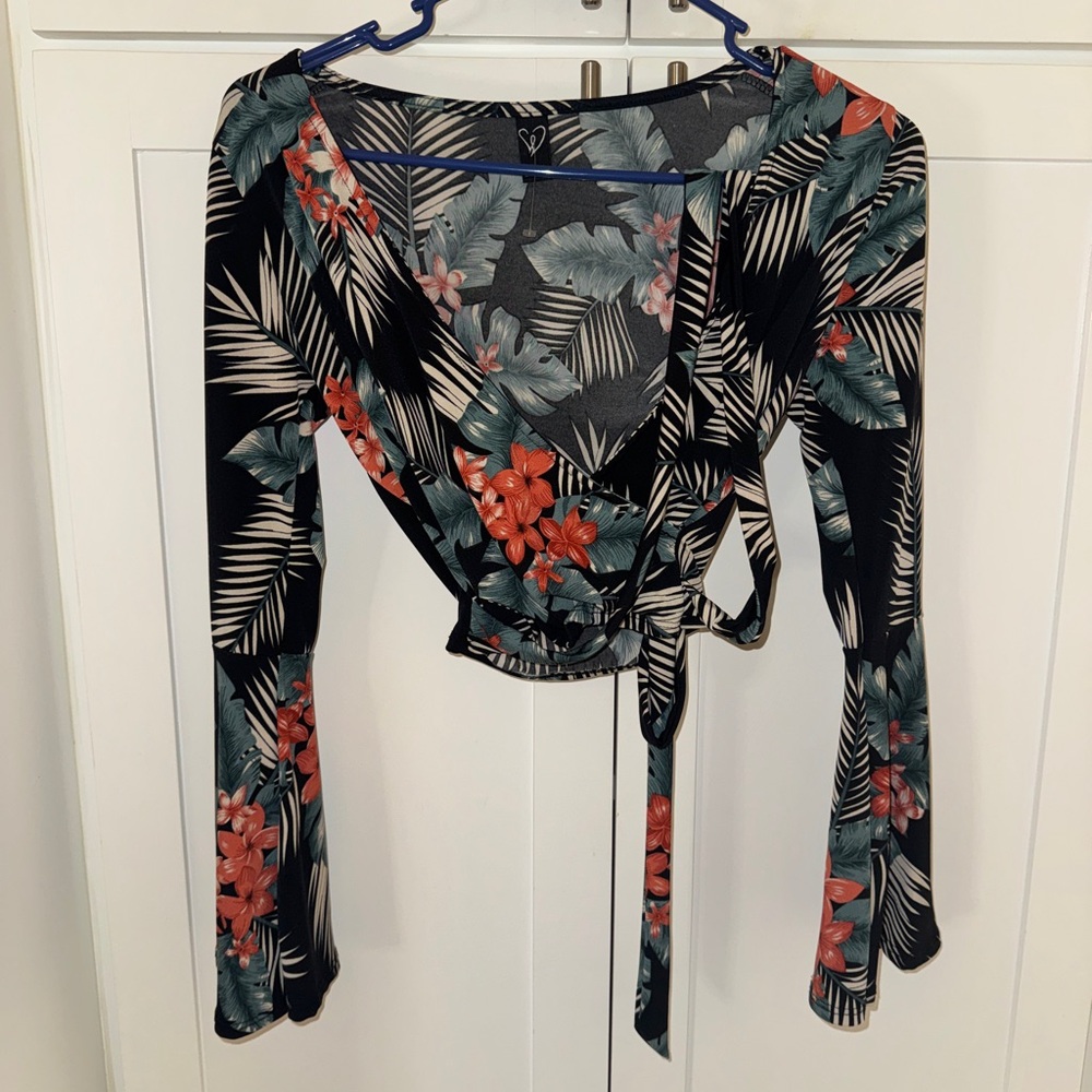 Windsor Tropical Floral Wrap Blouse - Black and Red